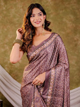 Dusty Mauve Pure Chinnon Ajrakh Printed Saree with Tassel Edges, Traditional Geometric Print & Matching Blouse Piece