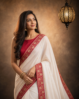 White Contrast with red border - Pure Katan Georgette Banarasi Saree