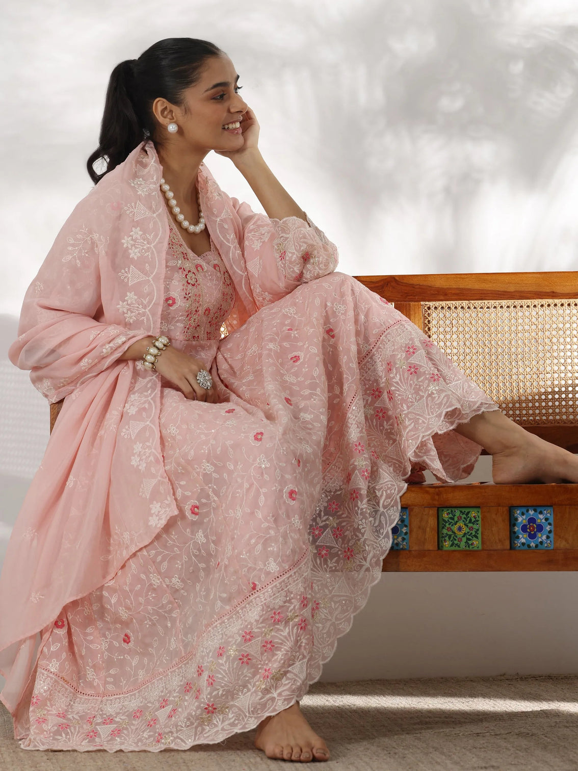 Mameraa Pink Embroidered Organza Anarkali Suit With Dupatta
