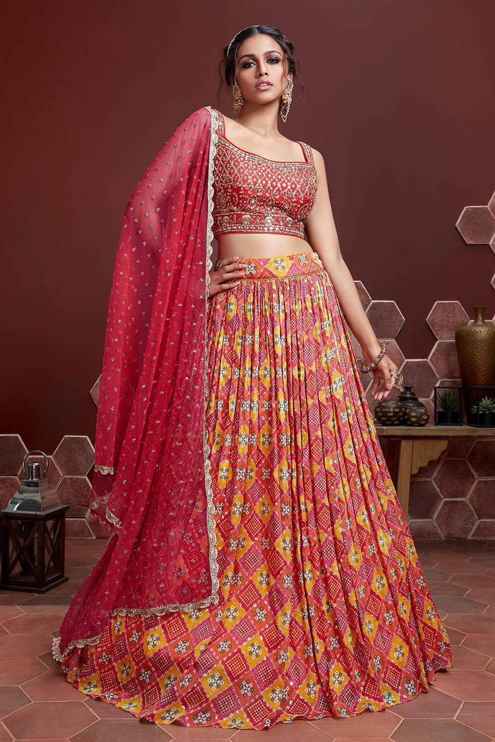 Gorgeous Red Digital Print Chinnon Silk Engagement Wear Lehenga Choli