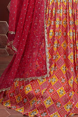 Gorgeous Red Digital Print Chinnon Silk Engagement Wear Lehenga Choli