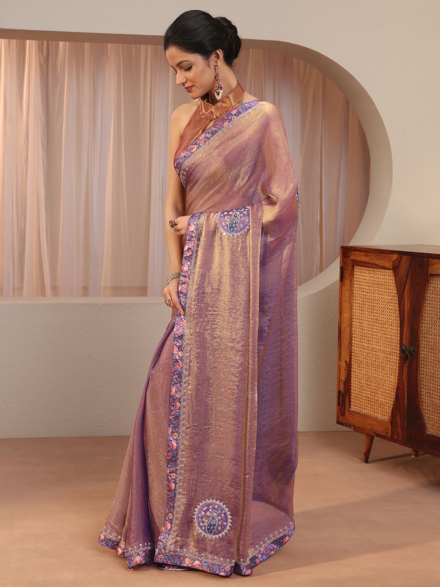 Libas Golden Peacock Motifs Tissue Saree