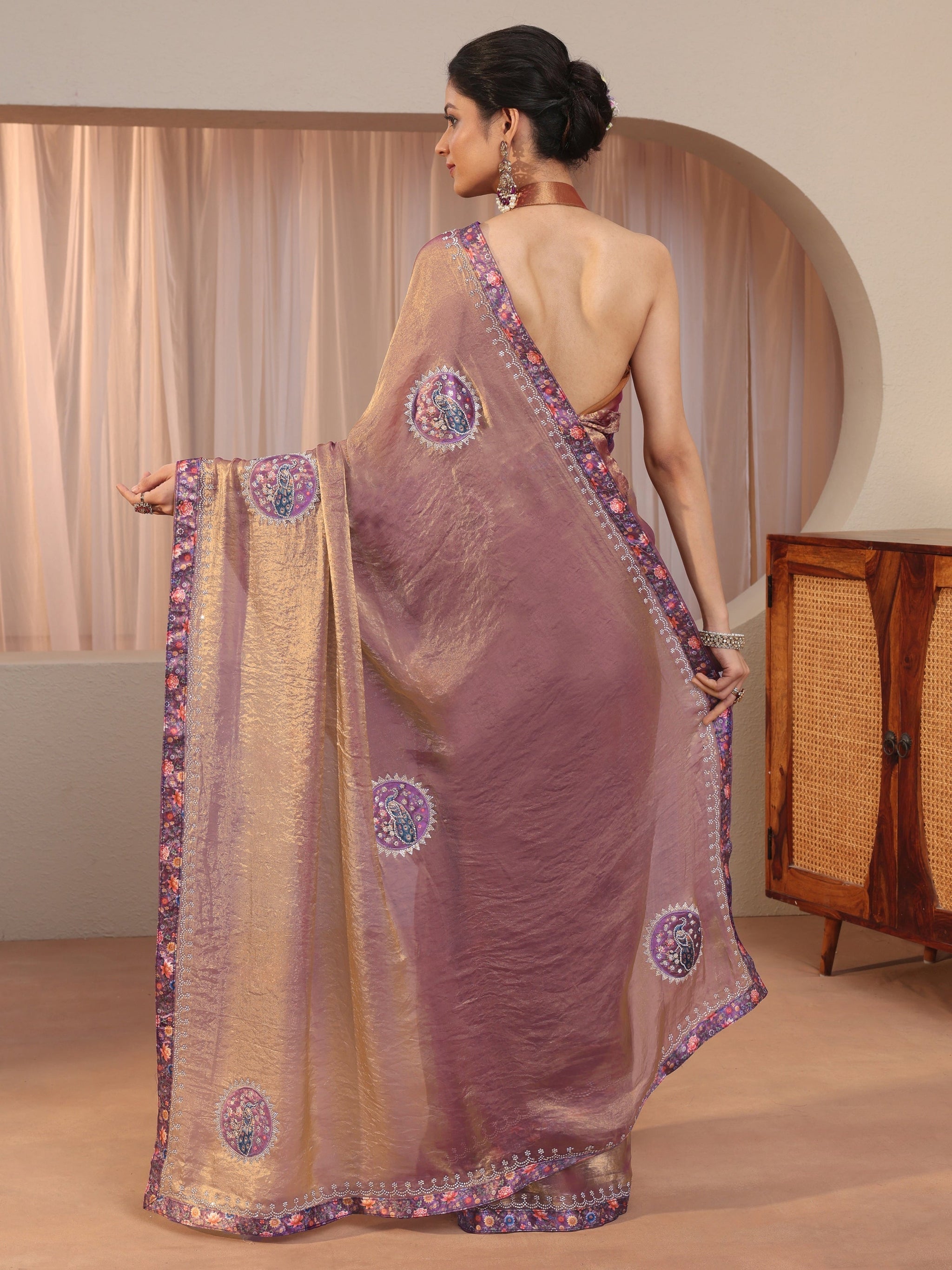 Libas Golden Peacock Motifs Tissue Saree