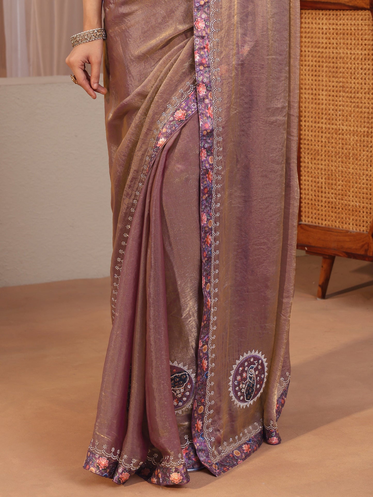 Libas Golden Peacock Motifs Tissue Saree