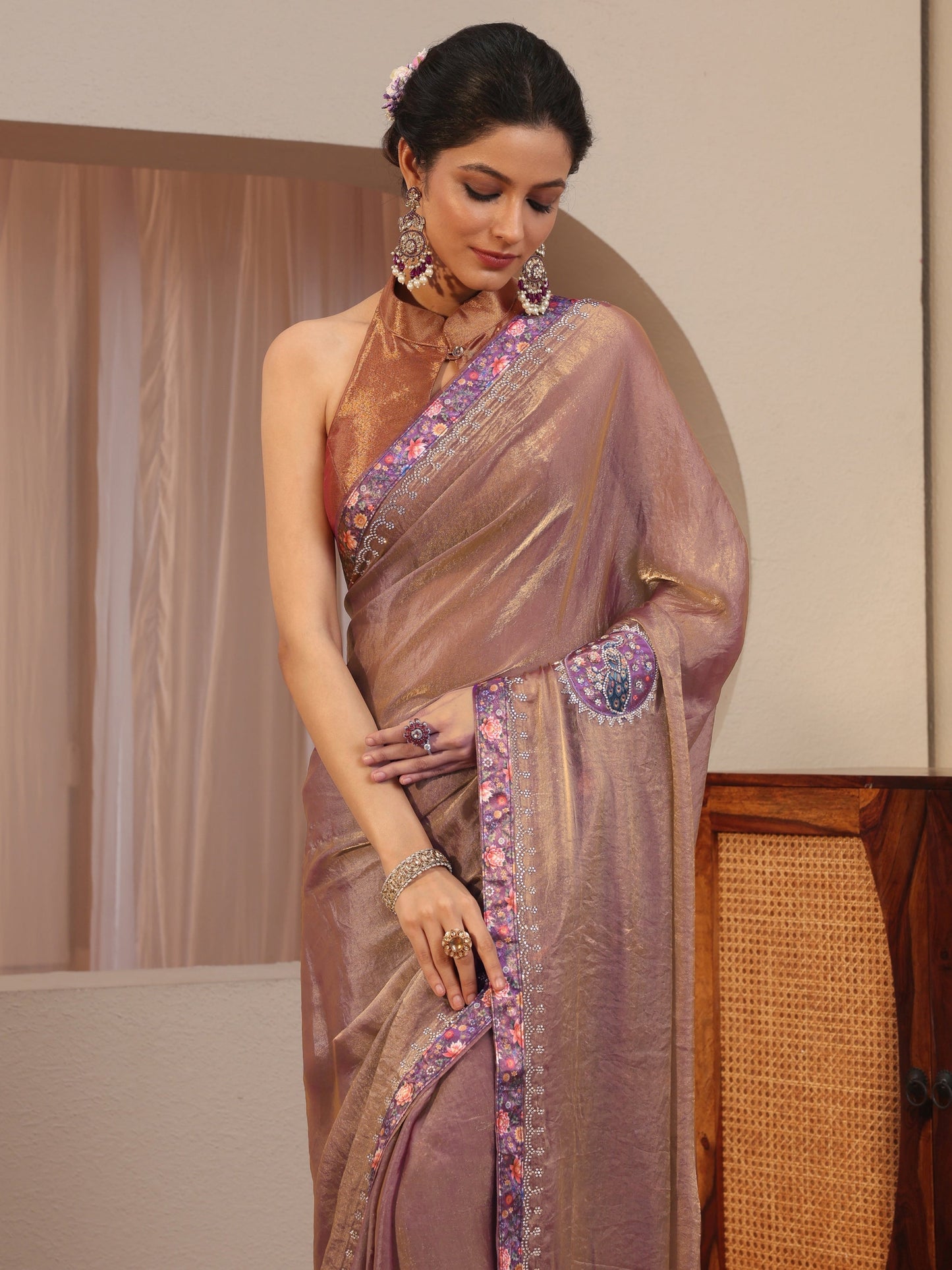 Libas Golden Peacock Motifs Tissue Saree