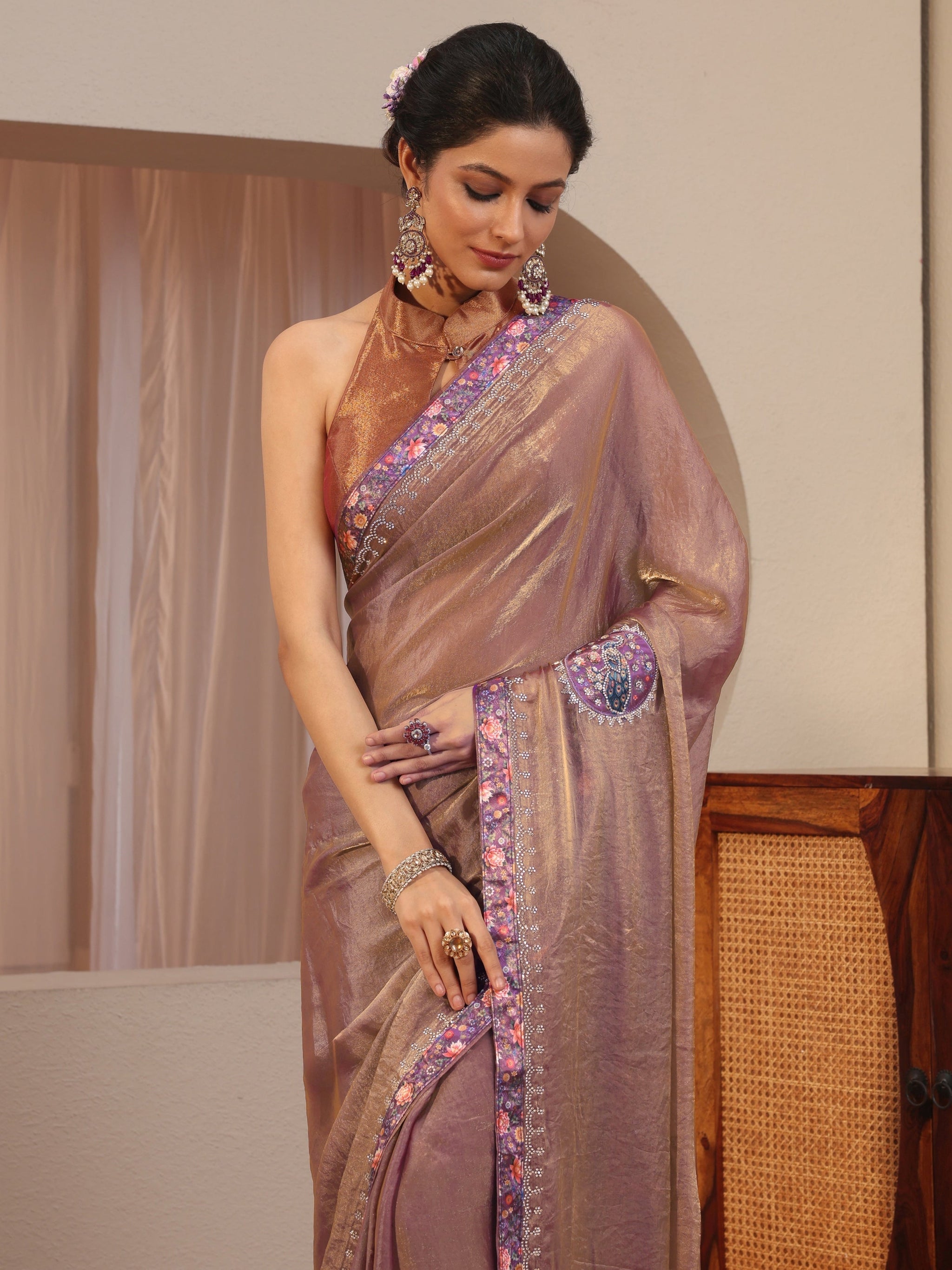 Libas Golden Peacock Motifs Tissue Saree
