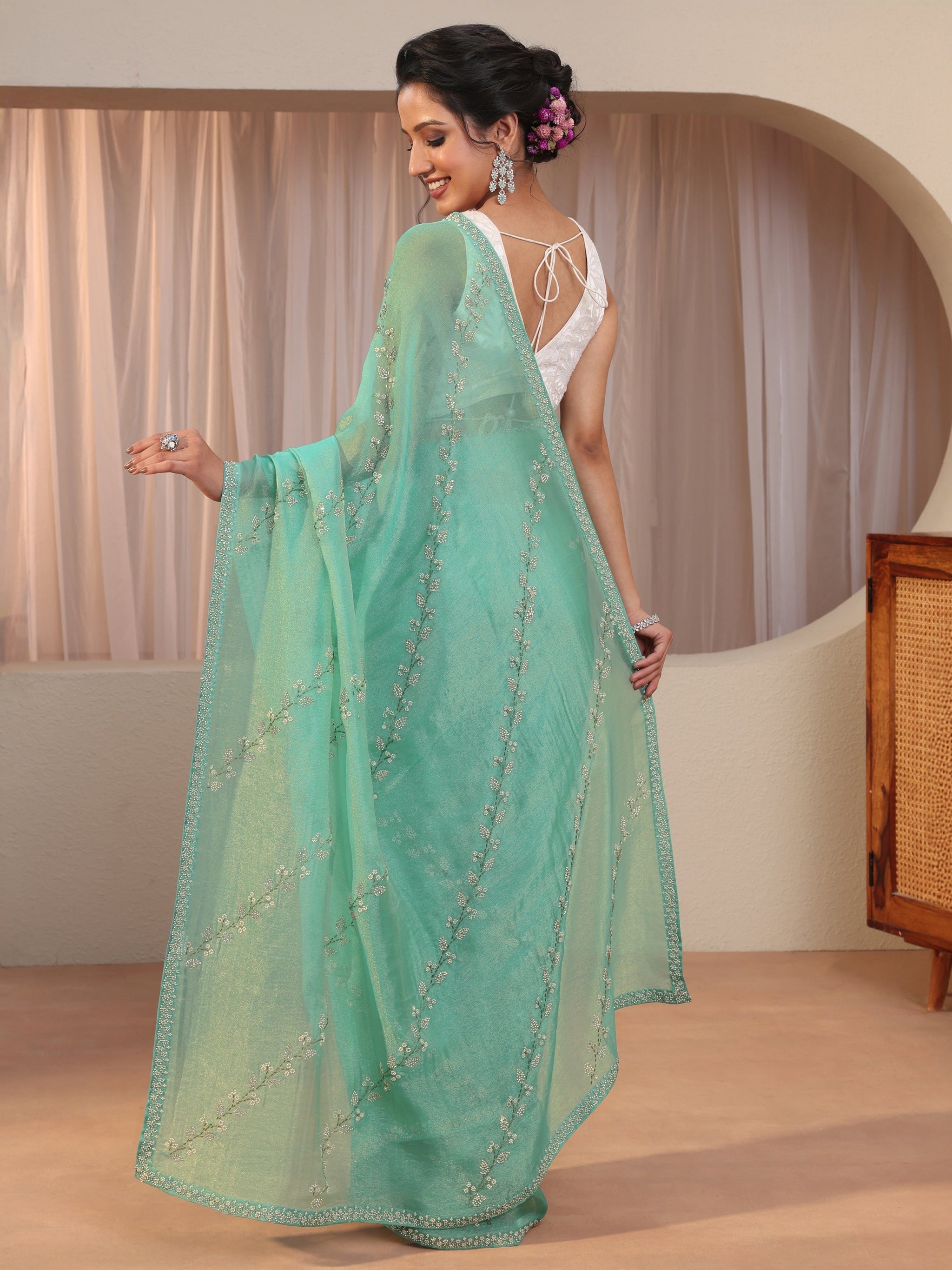 Libas Aqua Blue Embellished Tissue Saree