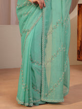 Libas Aqua Blue Embellished Tissue Saree
