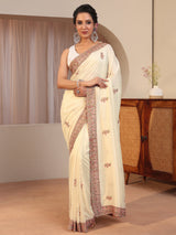 Libas Cream Floral Embroidered Silk Blend Saree