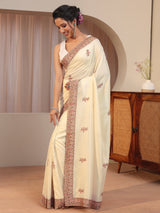 Libas Cream Floral Embroidered Silk Blend Saree