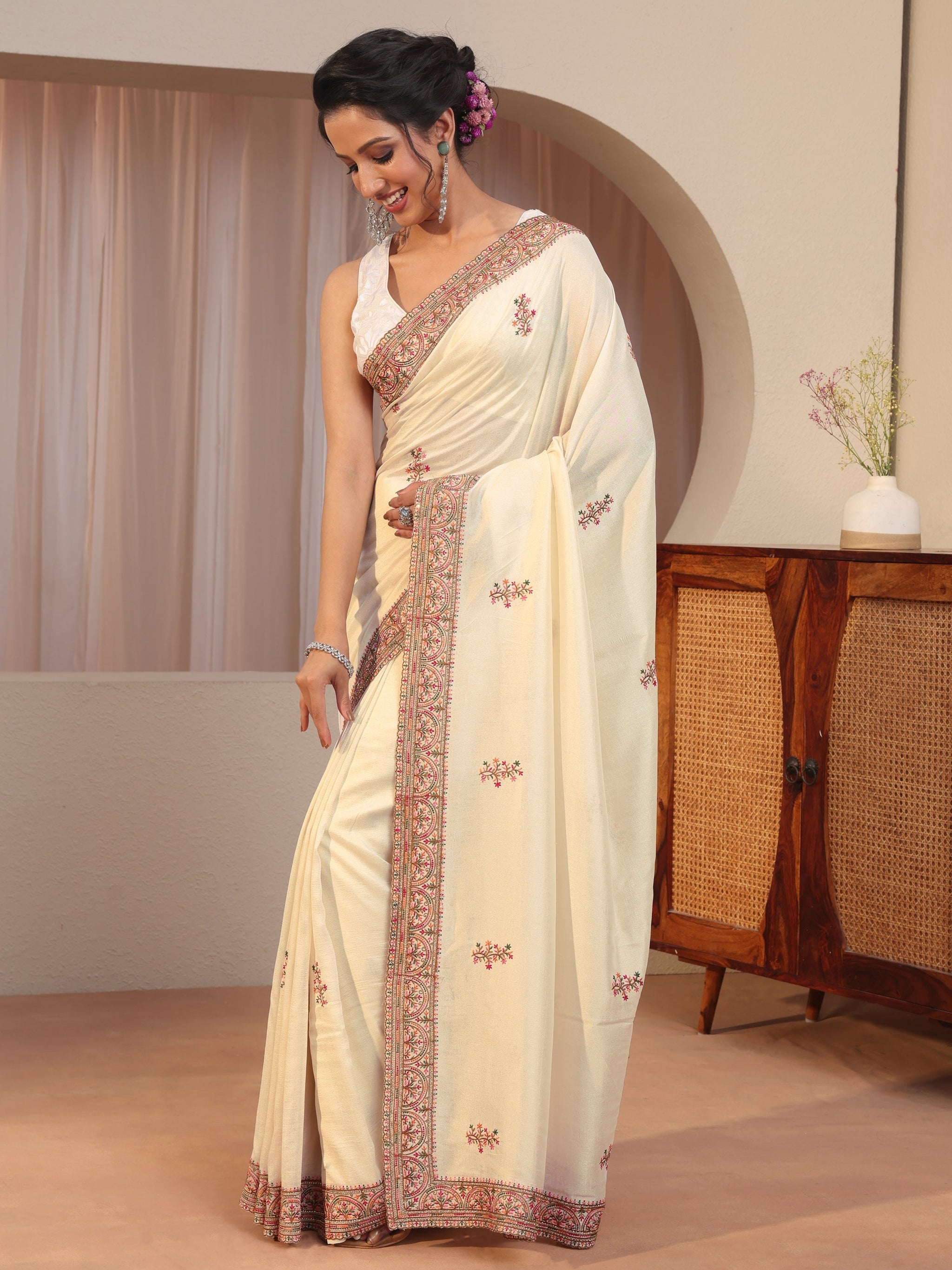 Libas Cream Floral Embroidered Silk Blend Saree