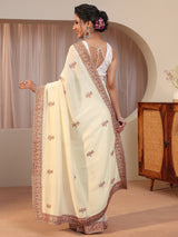 Libas Cream Floral Embroidered Silk Blend Saree