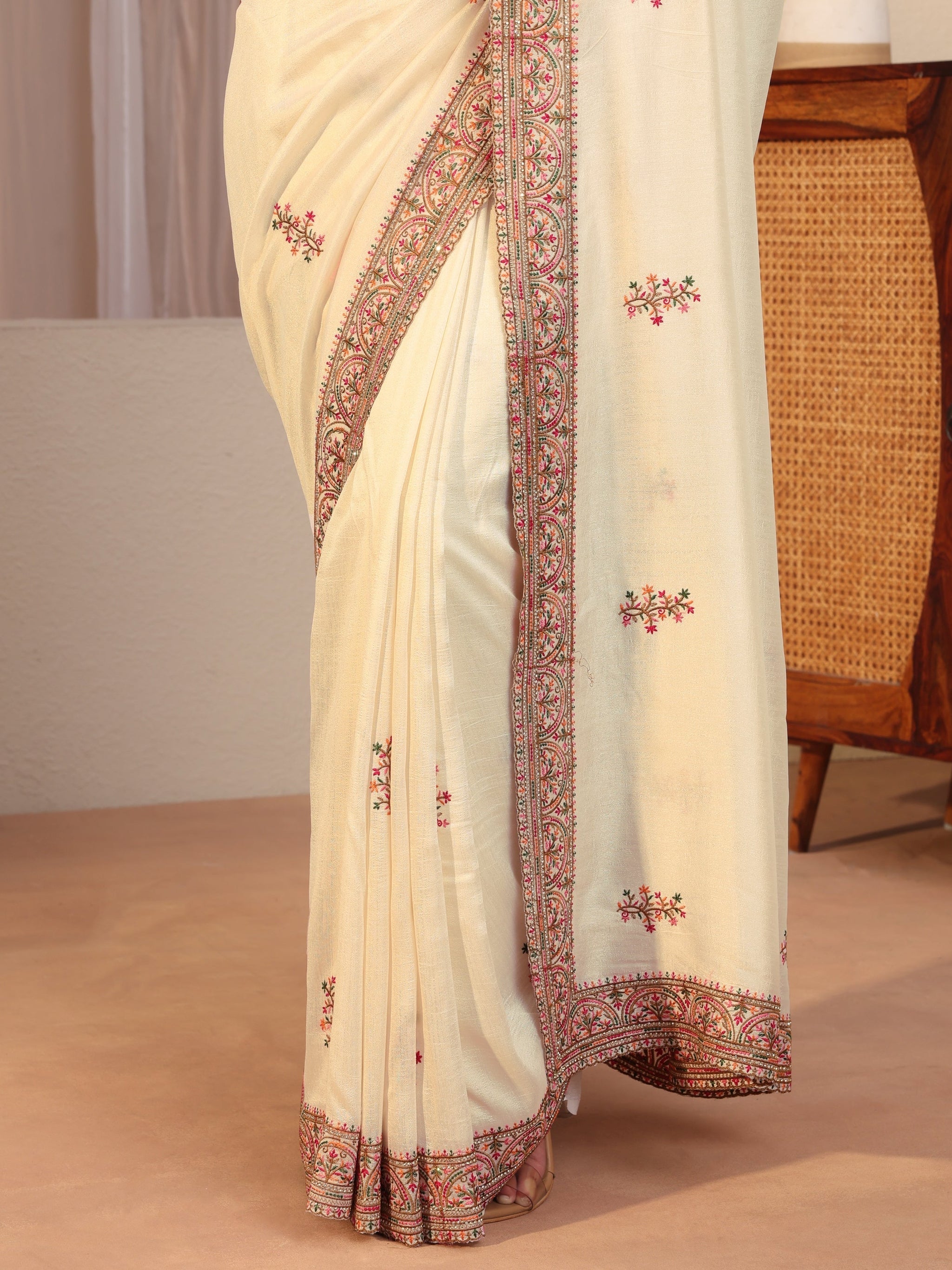 Libas Cream Floral Embroidered Silk Blend Saree
