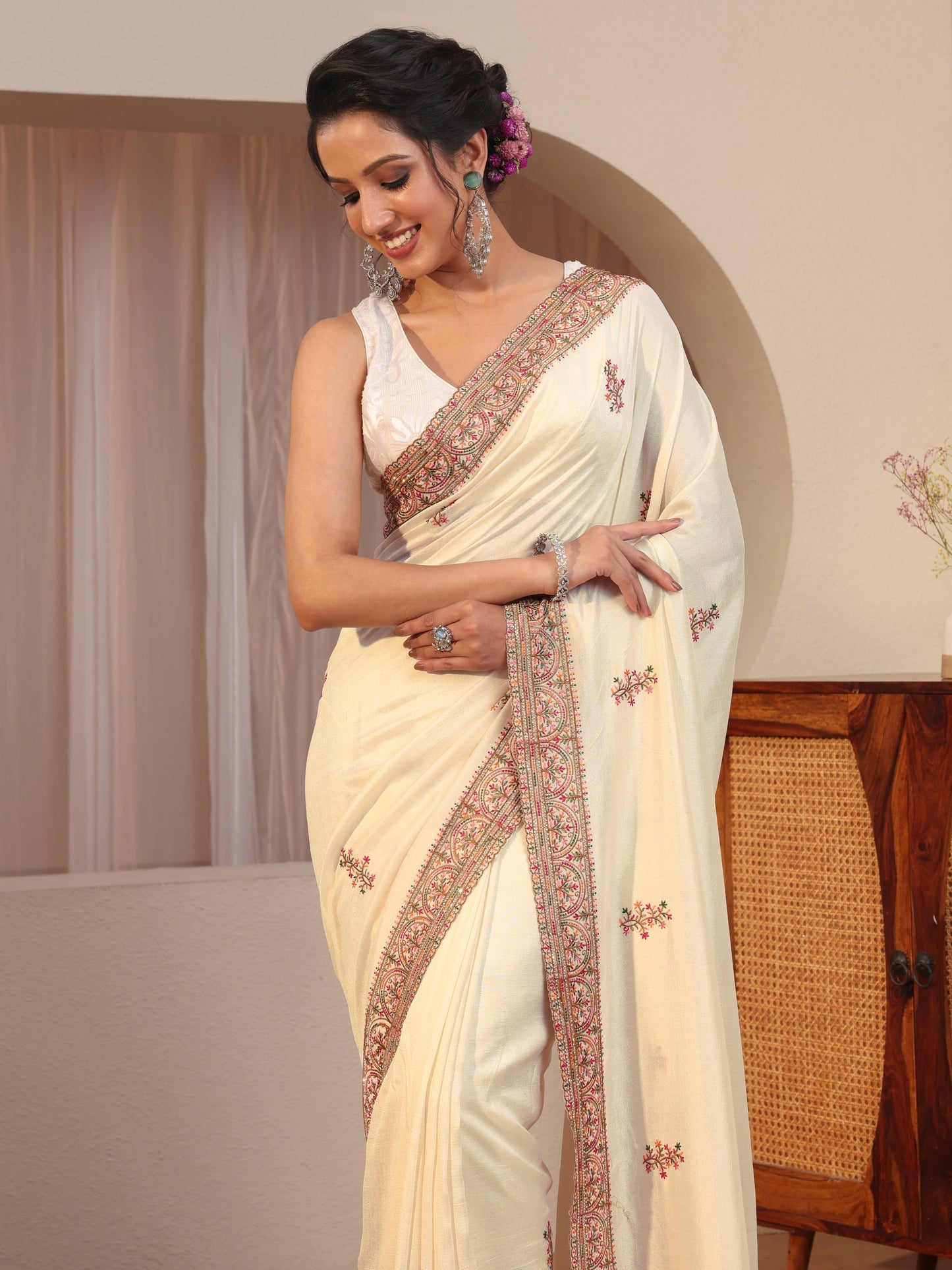 Libas Cream Floral Embroidered Silk Blend Saree