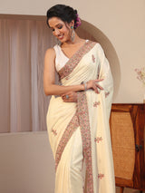Libas Cream Floral Embroidered Silk Blend Saree