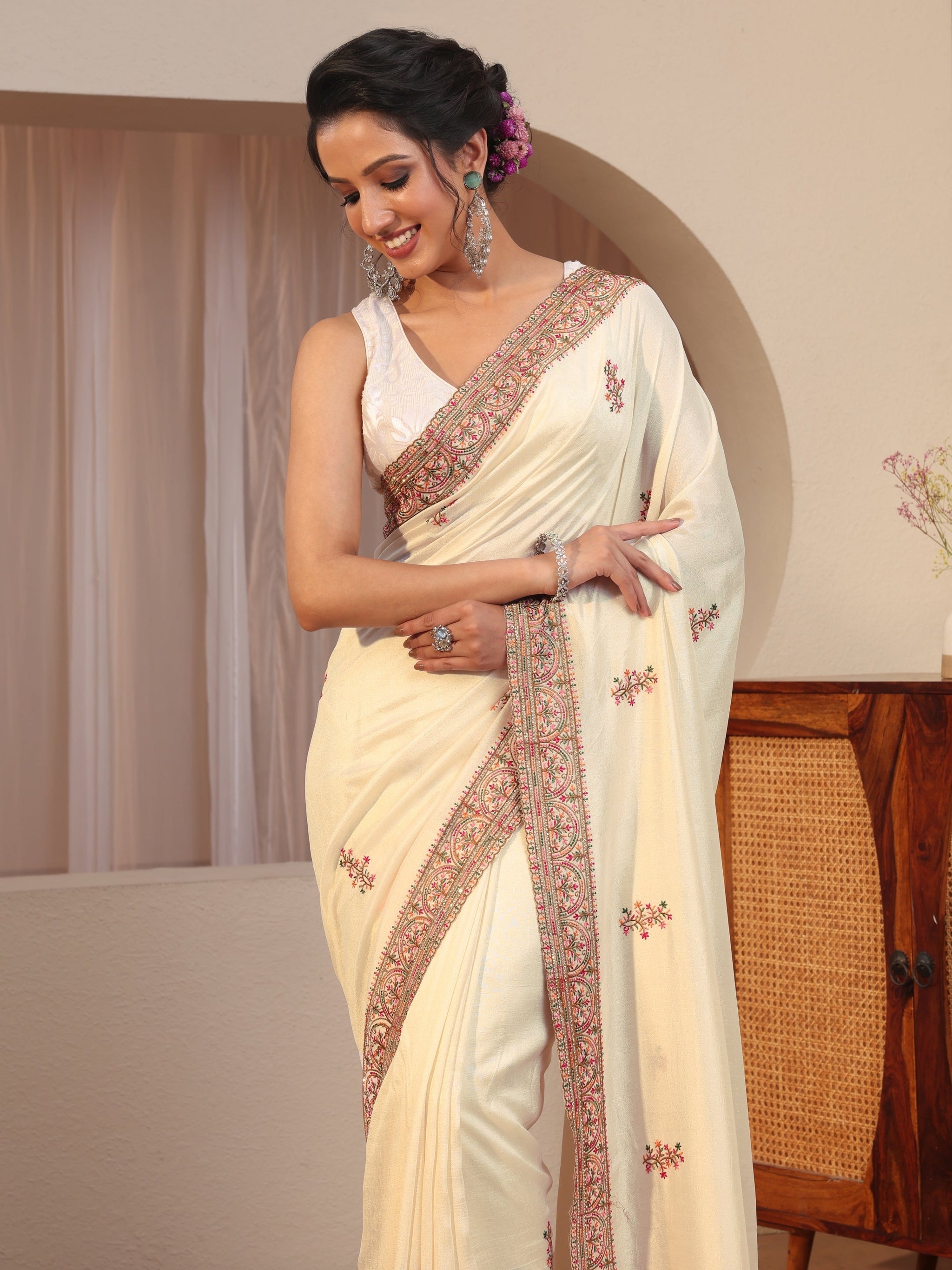 Libas Cream Floral Embroidered Silk Blend Saree