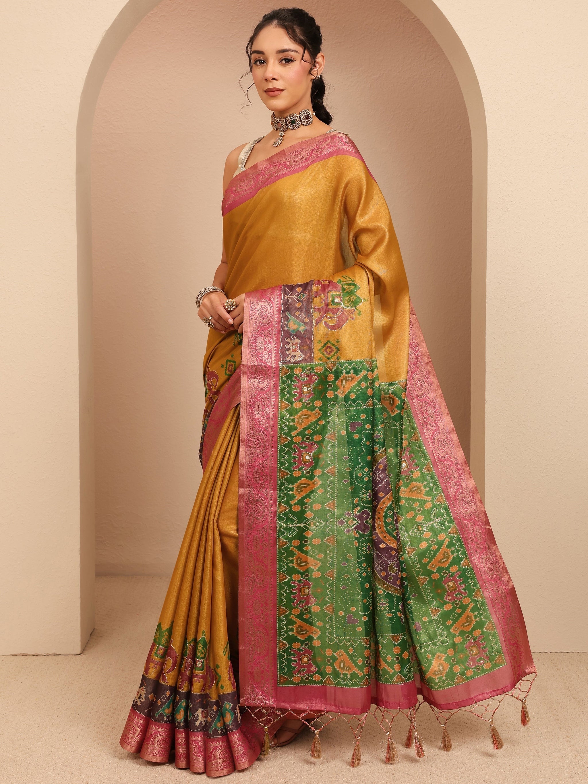 Libas Mustard Patola Border Silk Blend Saree
