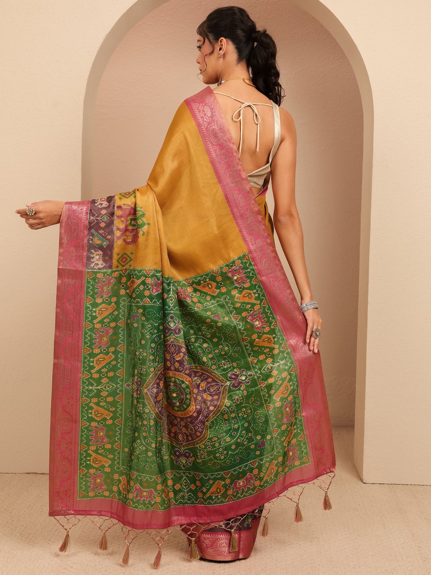 Libas Mustard Patola Border Silk Blend Saree