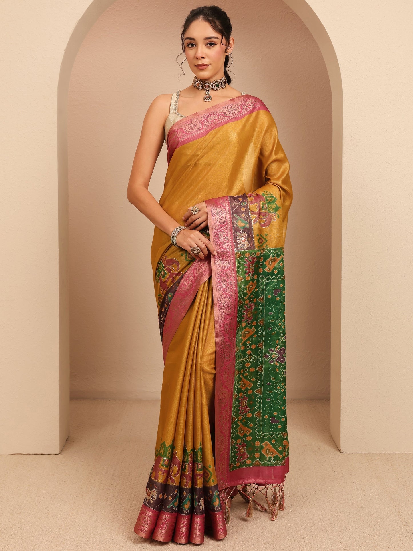 Libas Mustard Patola Border Silk Blend Saree