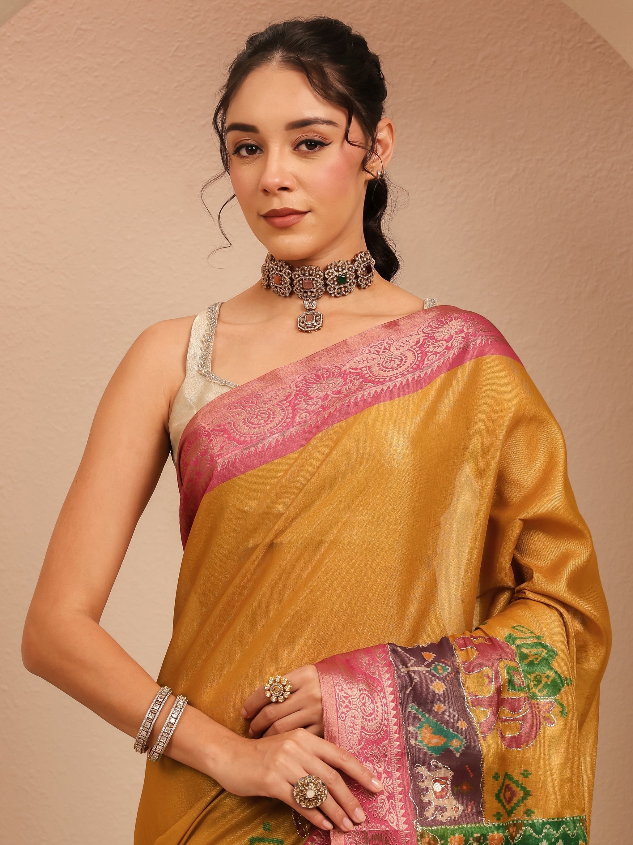 Libas Mustard Patola Border Silk Blend Saree