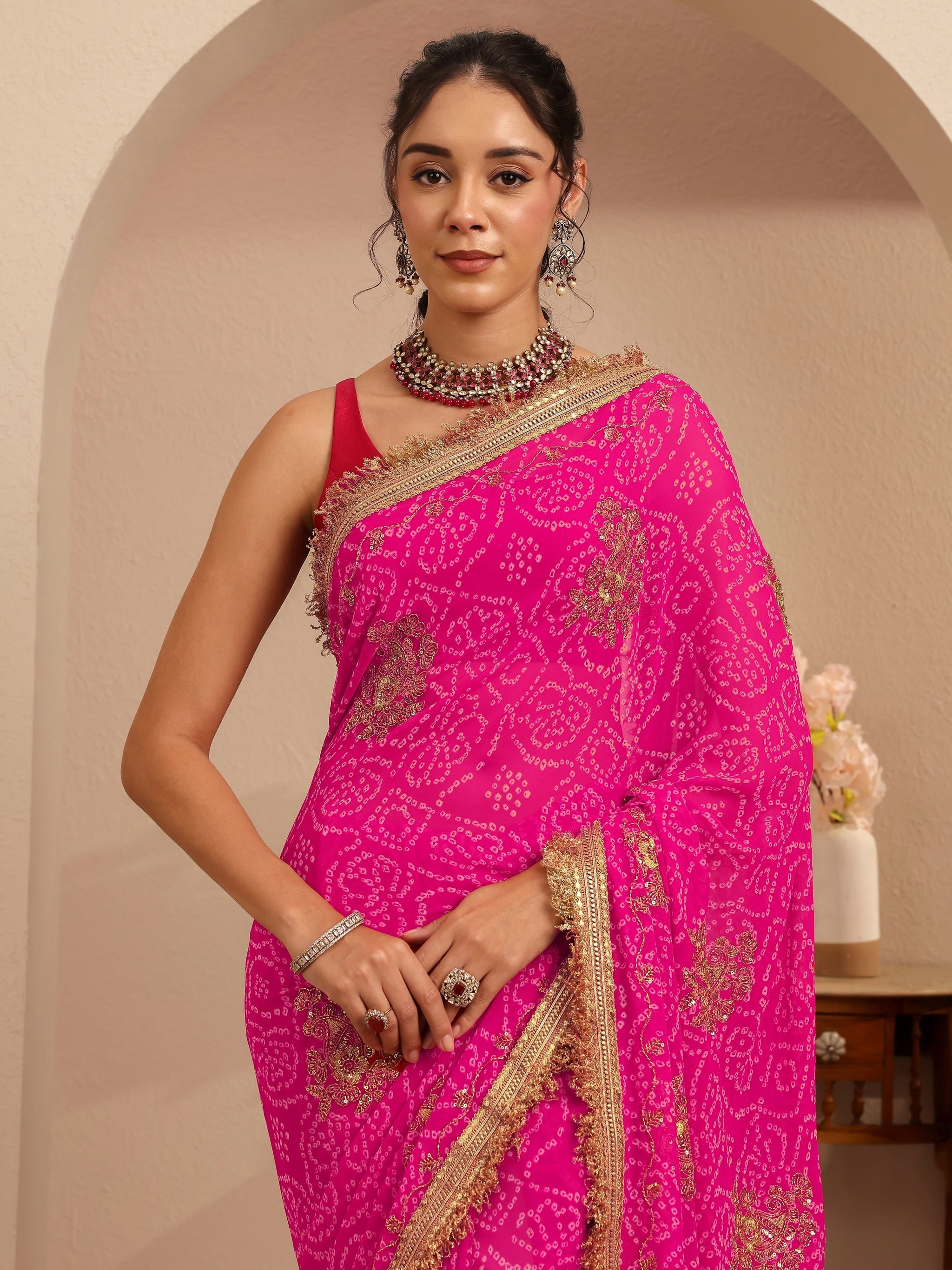Libas Rani Pink Badhani Printed Georgette Saree