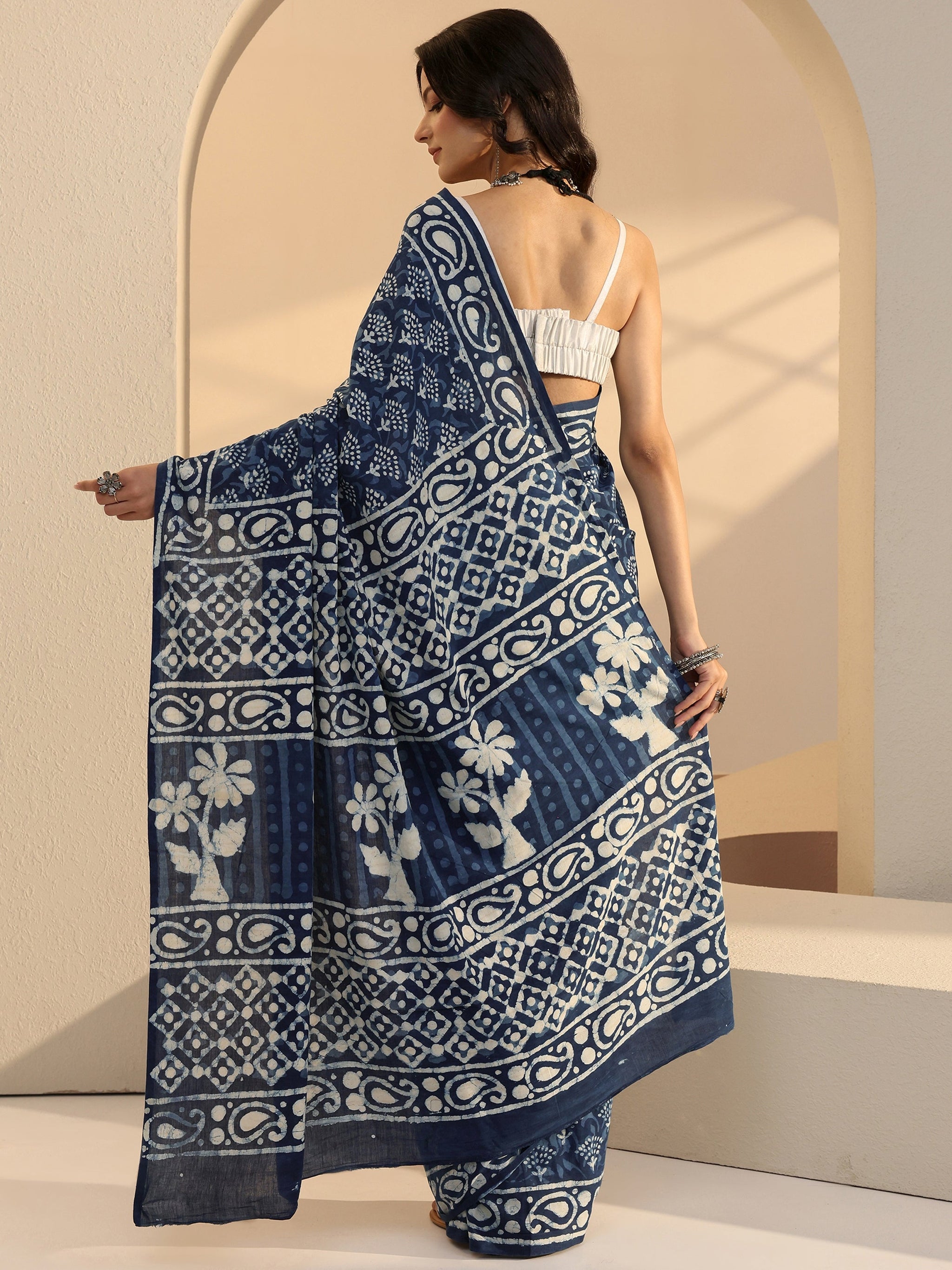 Libas Indigo Batik Print Cotton Saree