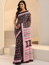 Libas Black Bagru Floral Print Cotton Saree