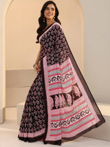 Libas Black Bagru Floral Print Cotton Saree