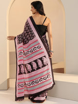Libas Black Bagru Floral Print Cotton Saree