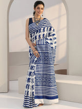Libas White Paisley Batik Print Cotton Saree