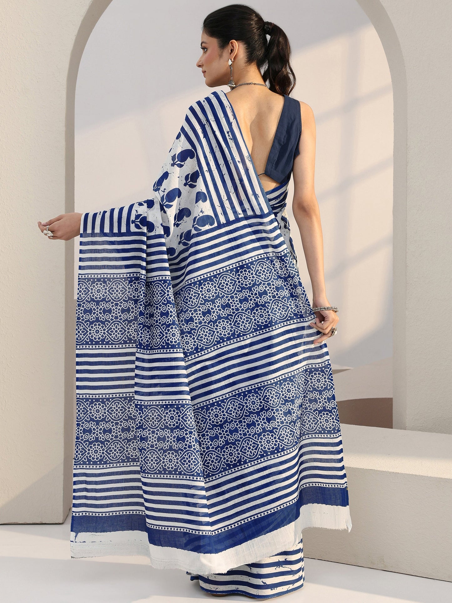 Libas White Paisley Batik Print Cotton Saree