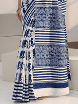 Libas White Paisley Batik Print Cotton Saree