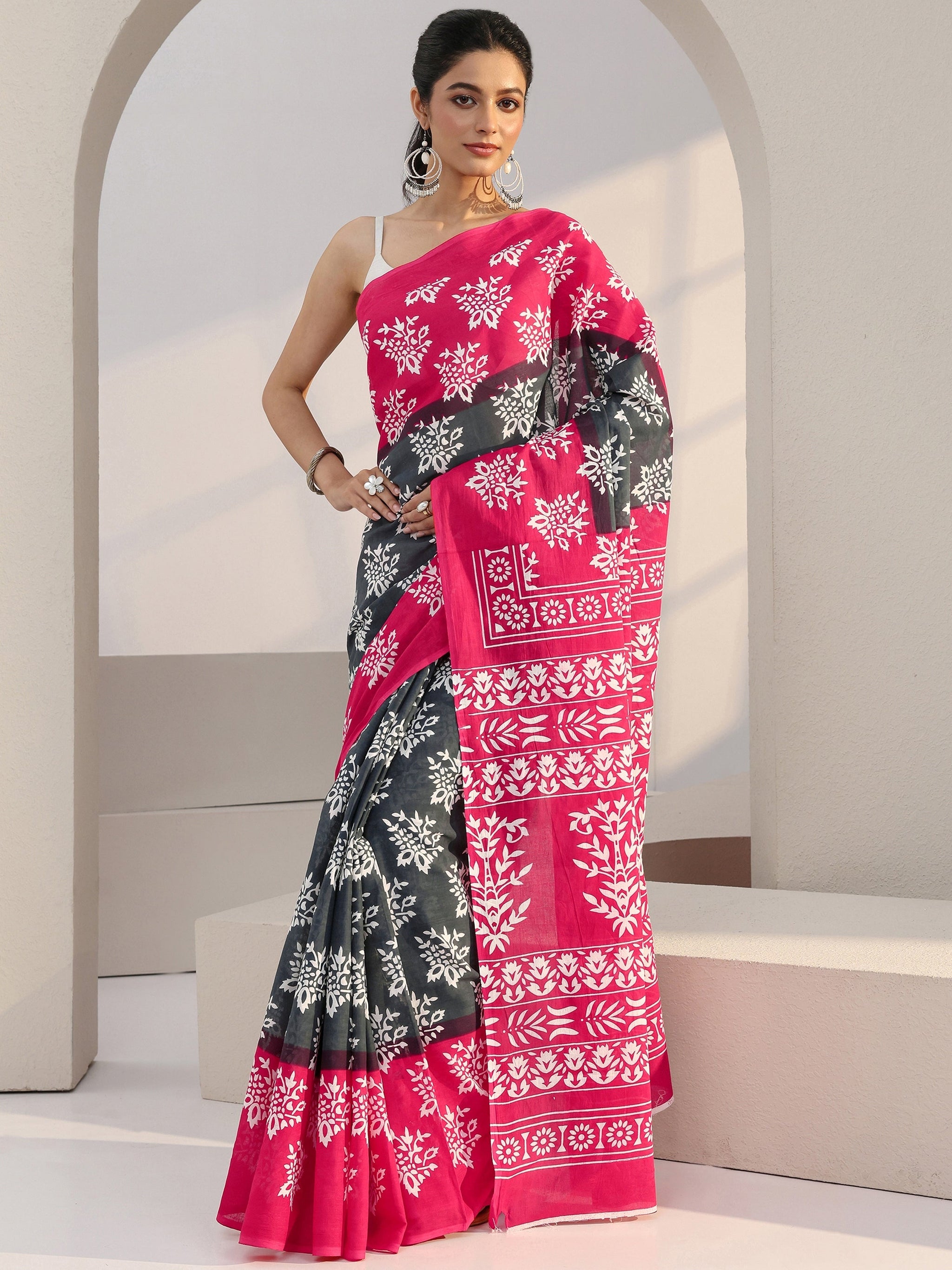 Libas Grey Floral Print Cotton Saree