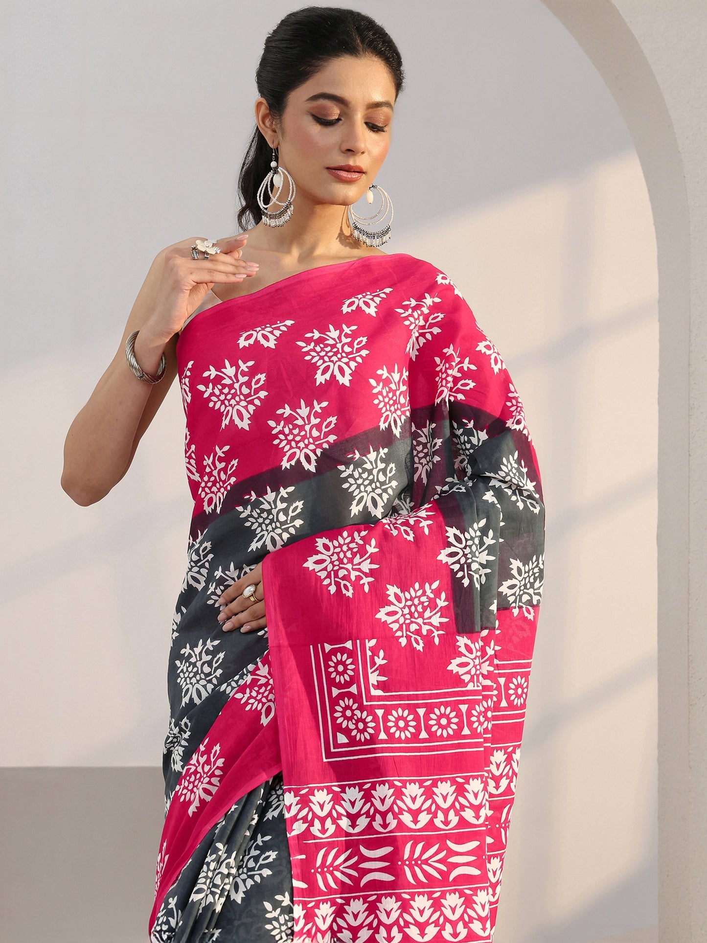 Libas Grey Floral Print Cotton Saree