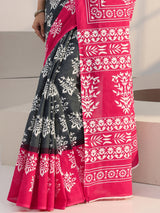 Libas Grey Floral Print Cotton Saree