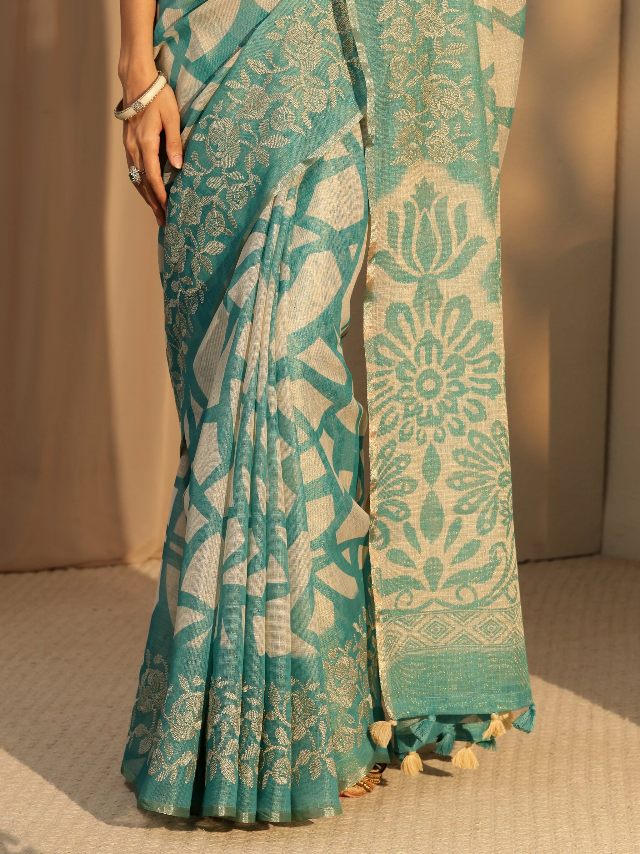 Libas Powder Blue Abstract Printed Cotton Blend Saree