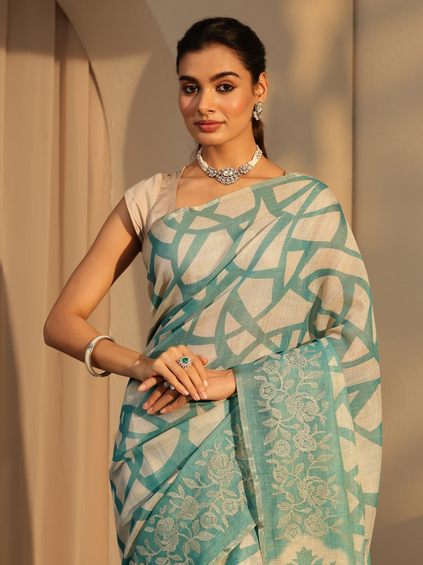 Libas Powder Blue Abstract Printed Cotton Blend Saree