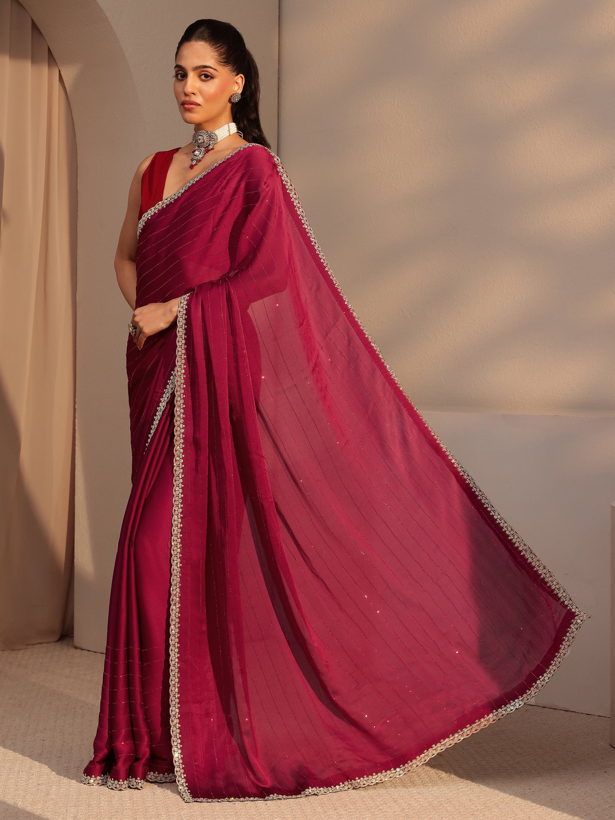 Libas Red Embellished Chiffon Saree