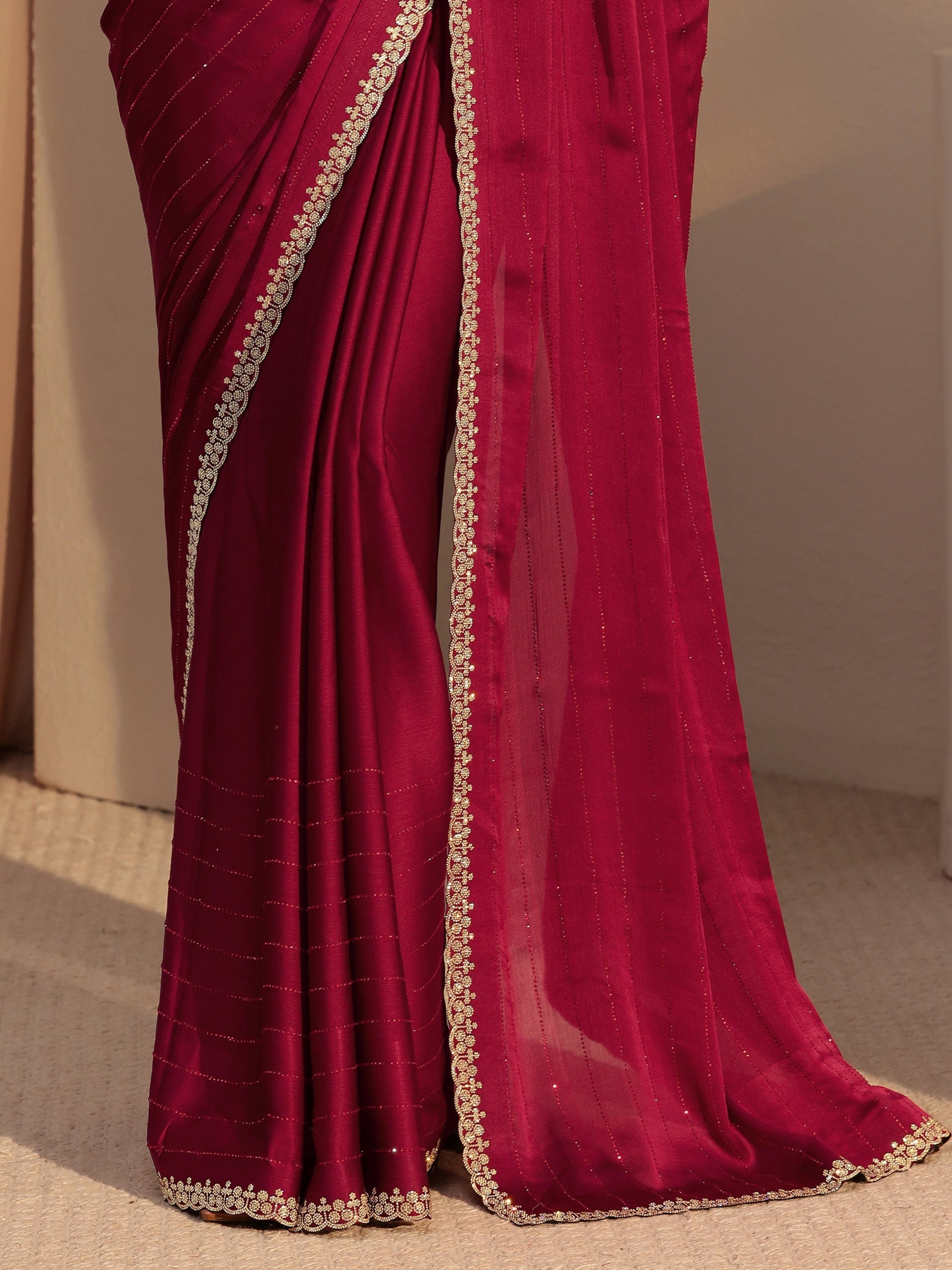 Libas Red Embellished Chiffon Saree