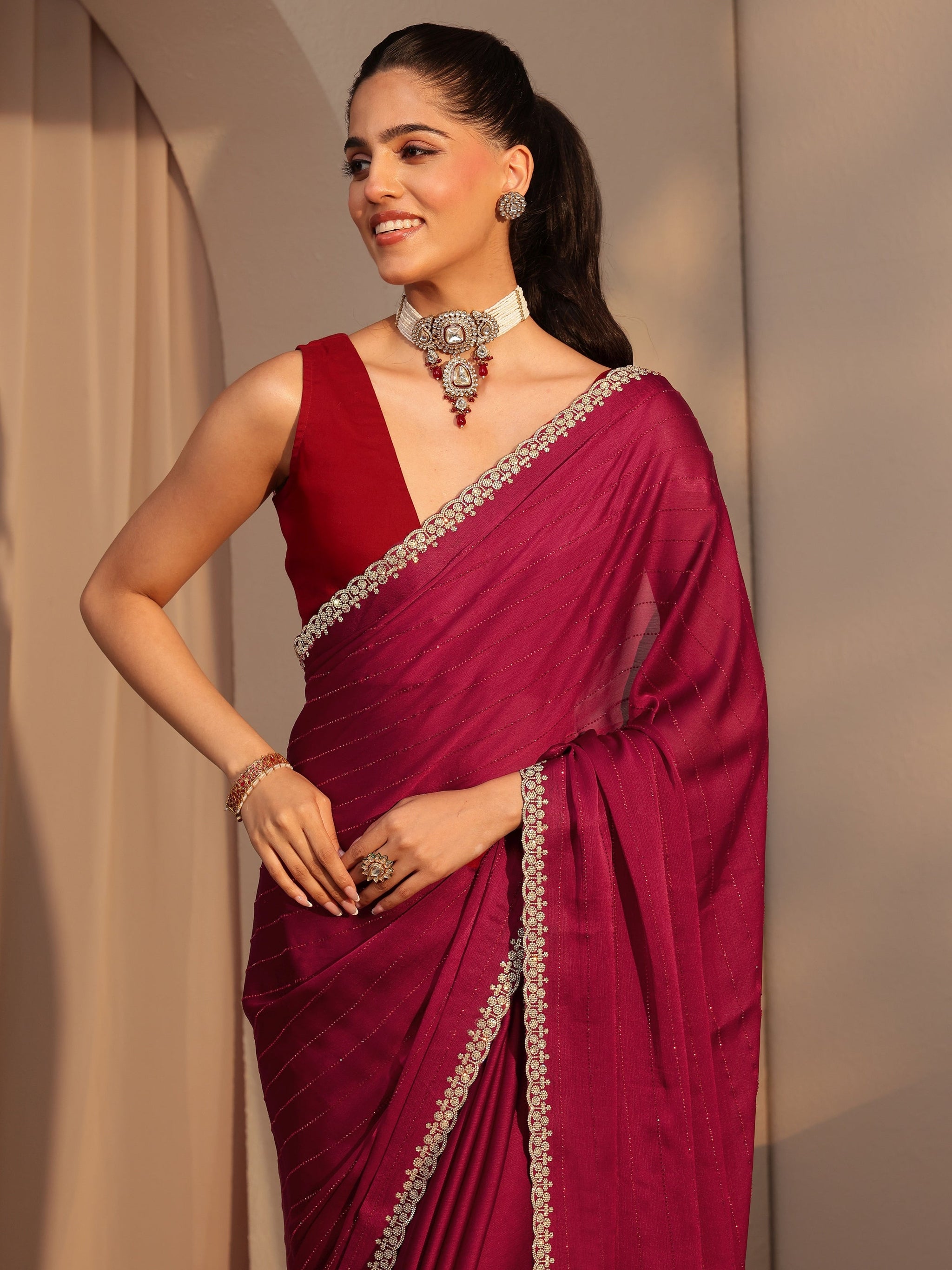 Libas Red Embellished Chiffon Saree