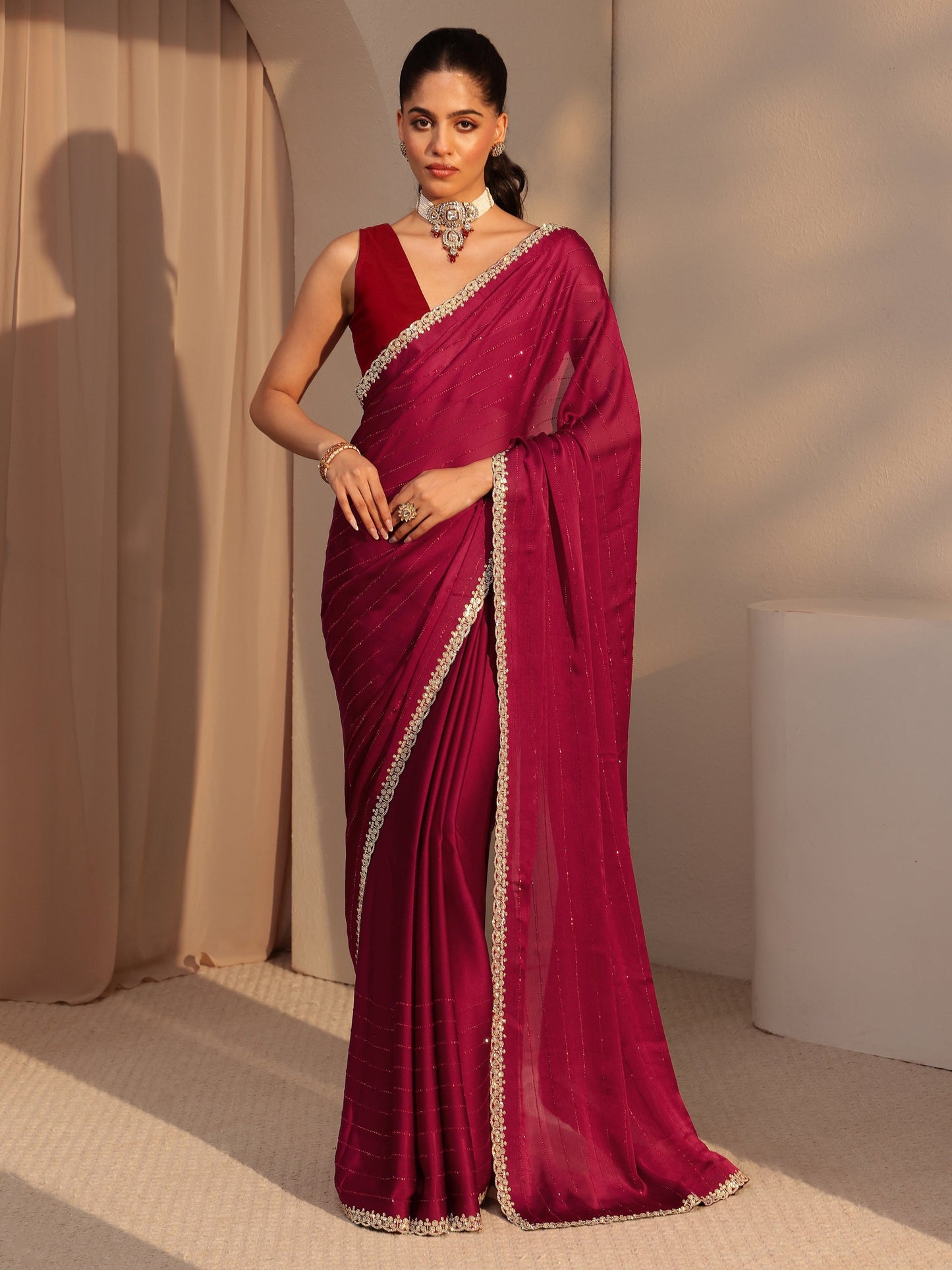 Libas Red Embellished Chiffon Saree