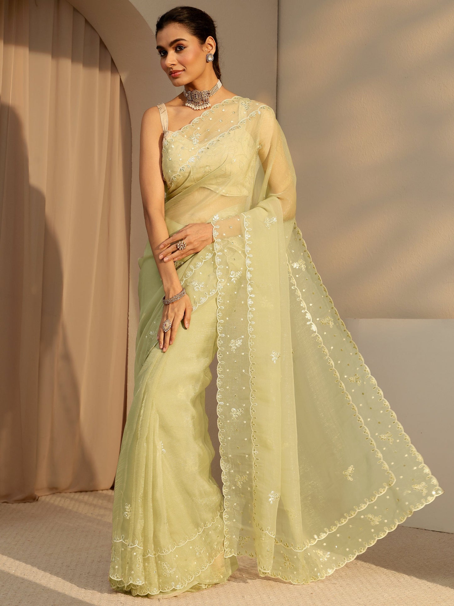 Libas Pista Green Floral Embroidered Tissue Saree