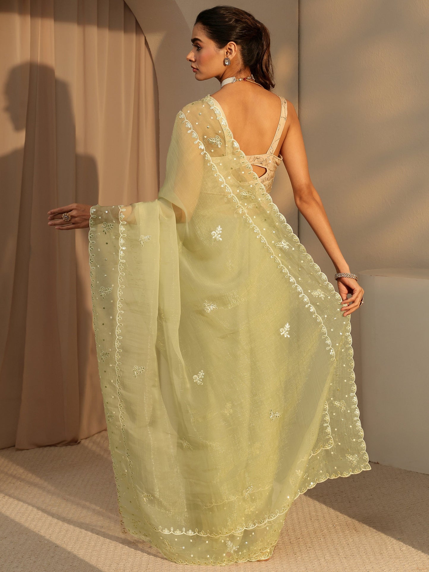 Libas Pista Green Floral Embroidered Tissue Saree
