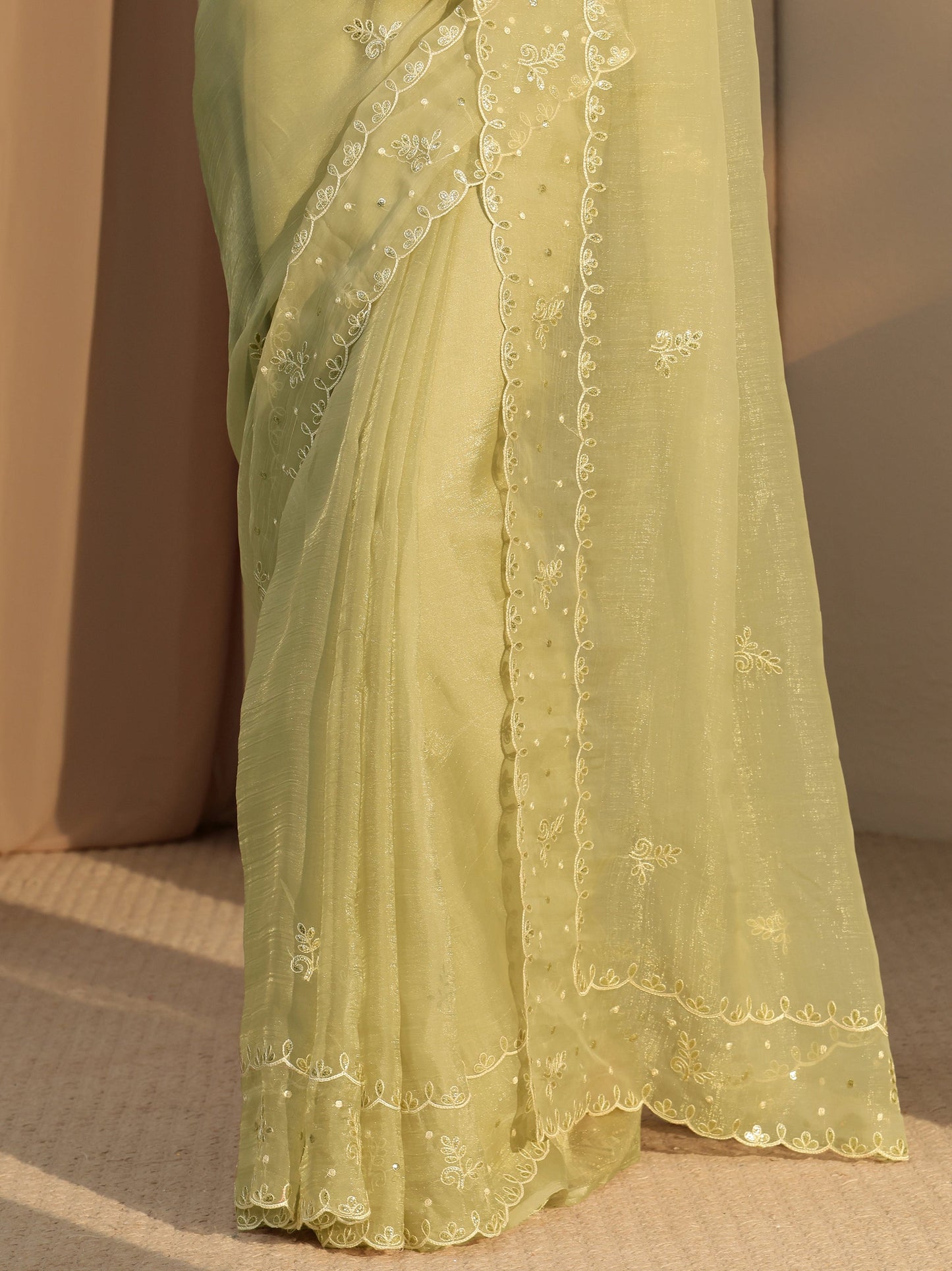 Libas Pista Green Floral Embroidered Tissue Saree