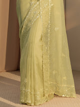 Libas Pista Green Floral Embroidered Tissue Saree