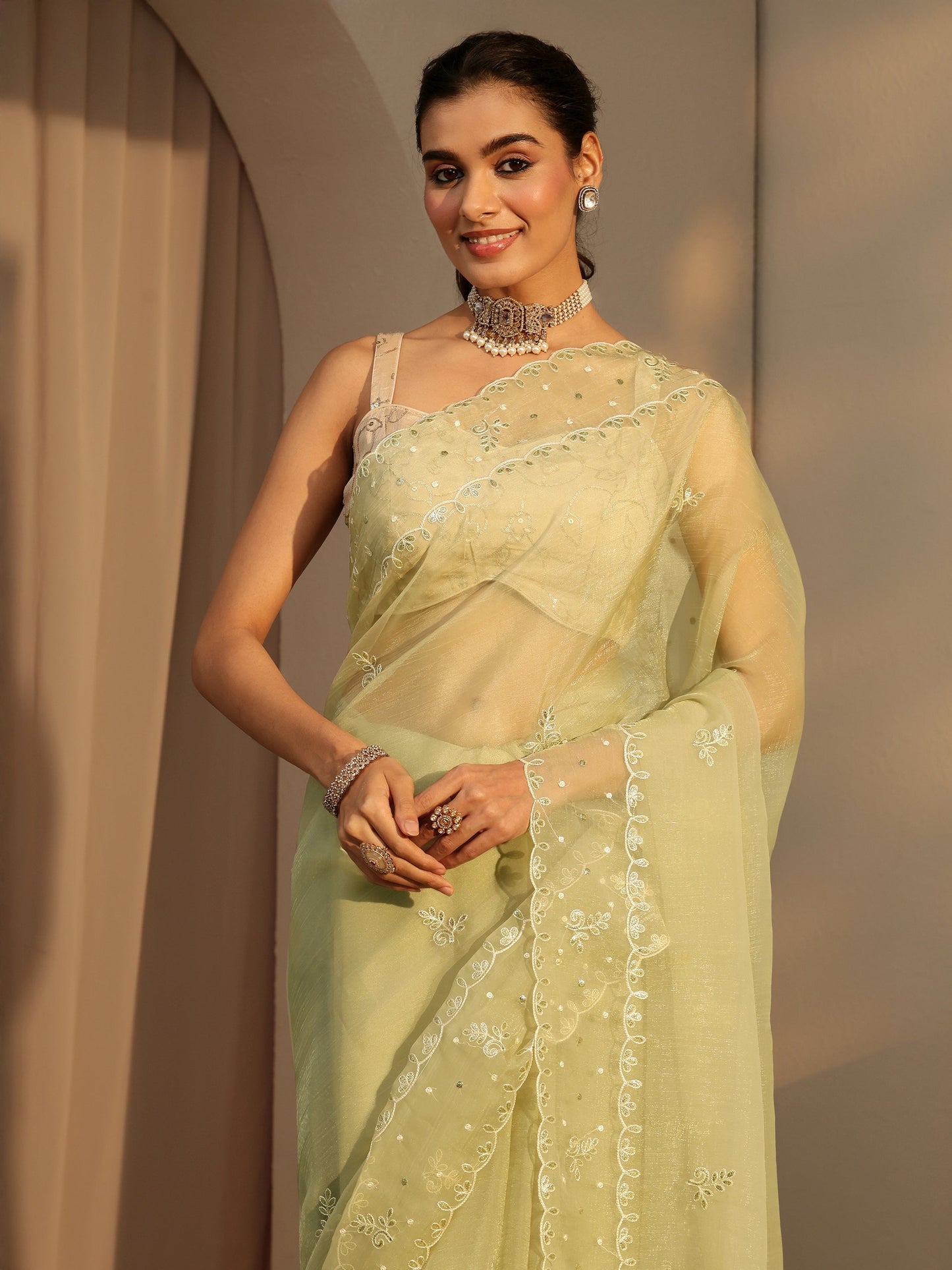 Libas Pista Green Floral Embroidered Tissue Saree