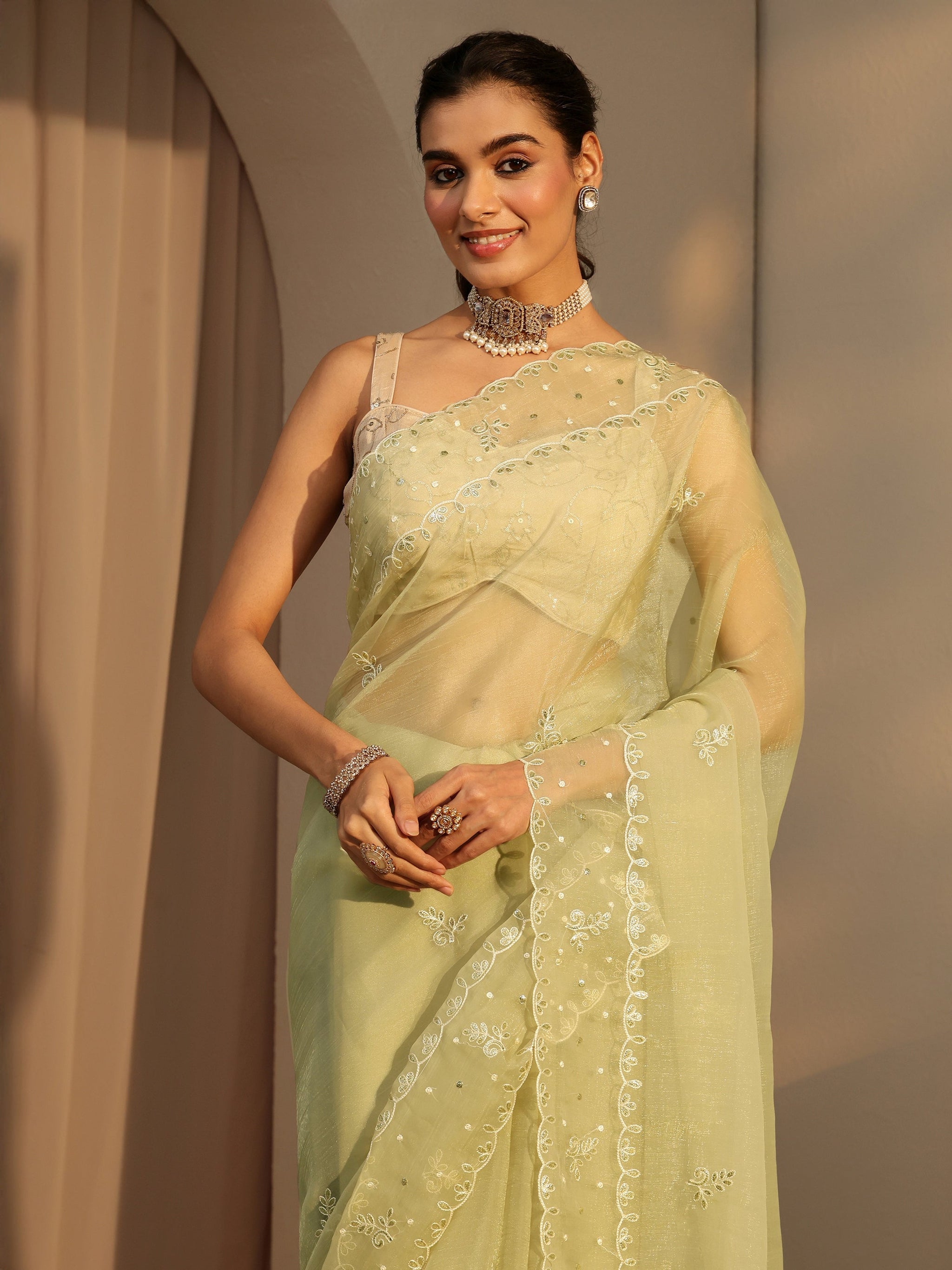 Libas Pista Green Floral Embroidered Tissue Saree