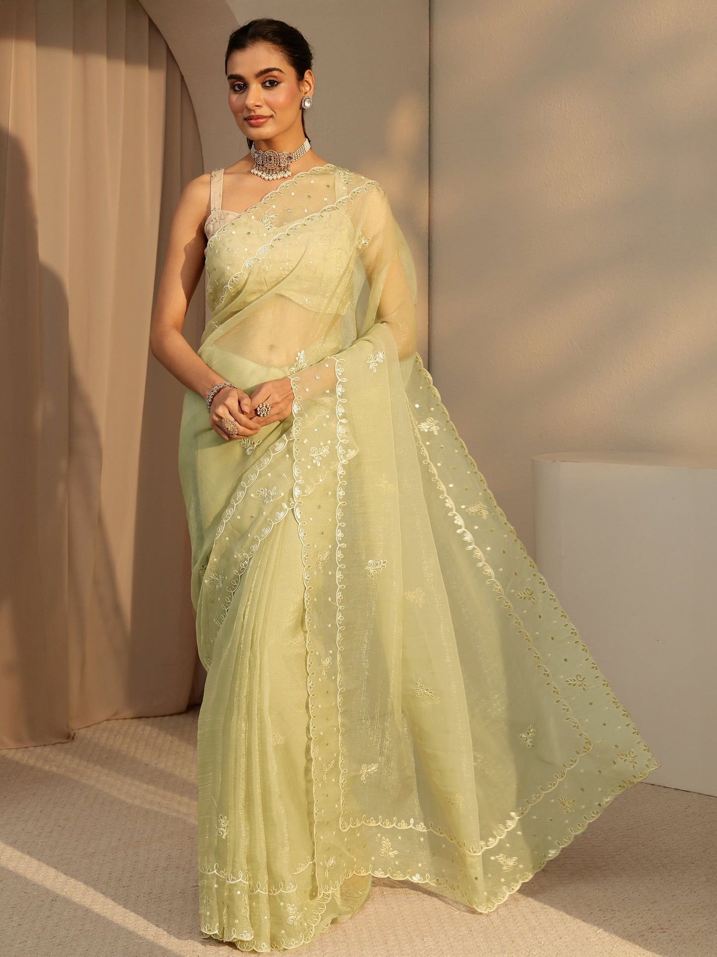 Libas Pista Green Floral Embroidered Tissue Saree