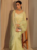 Libas Pista Green Floral Embroidered Tissue Saree
