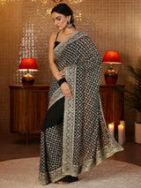Libas Black Floral Embroidered Georgette Saree